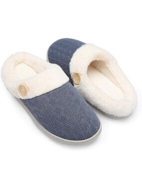 Women's Navy Warm Comfy Memory Foam Knitted Shoes Faux Fur Lined Slippers
